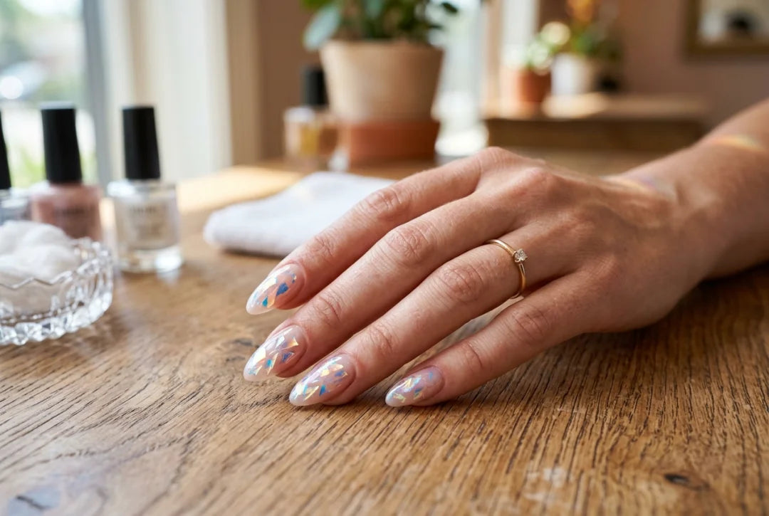 Glass nails — efekt szklanych paznokci z opalizującą folią celofanową na dłoni
