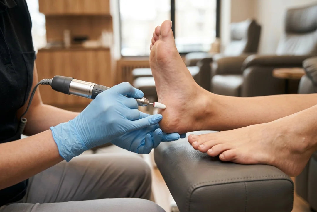 Frez do pięt – stylistka opracowuje zrogowacenia na pięcie frezarką podczas pedicure