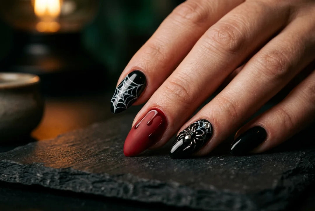 Paznokcie halloween — czarny paznokieć z pajęczyną, czerwony z efektem krwi i czarny z pająkiem 3D