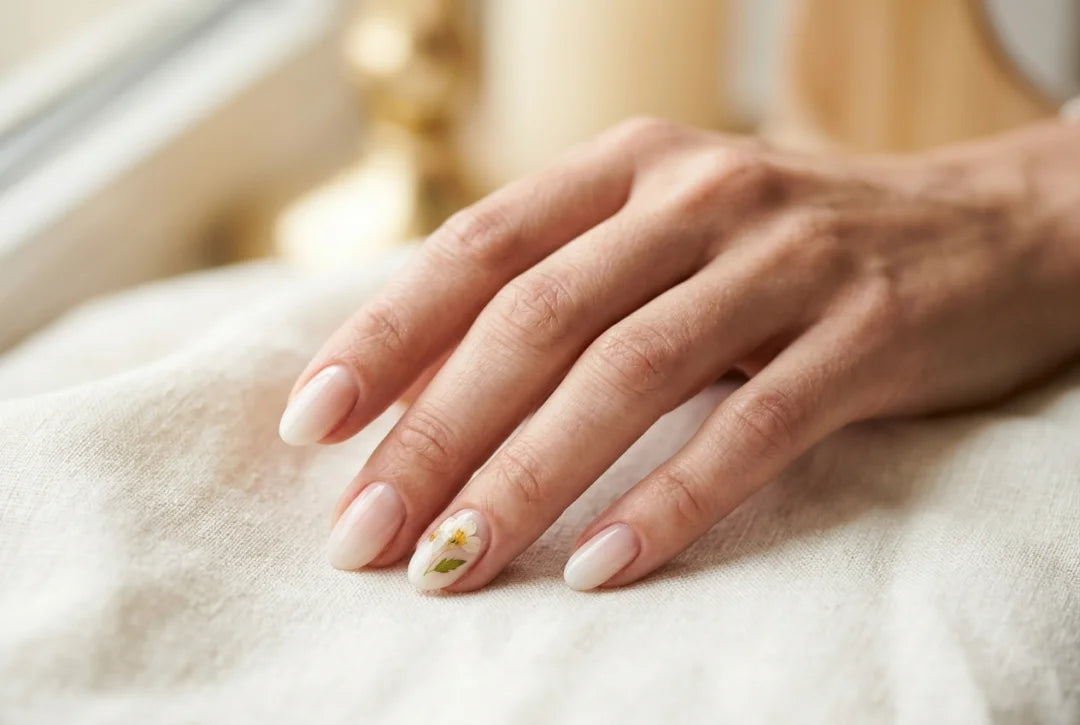 Paznokcie na komunię dla mamy — baby boomer w mlecznym nude z akcentem suszonego kwiatu