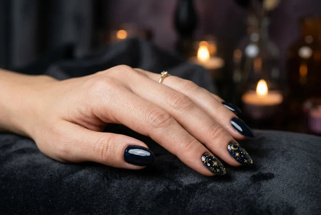 Paznokcie andrzejkowe 2026 — granatowo-czarny manicure ze złotymi gwiazdkami i księżycem