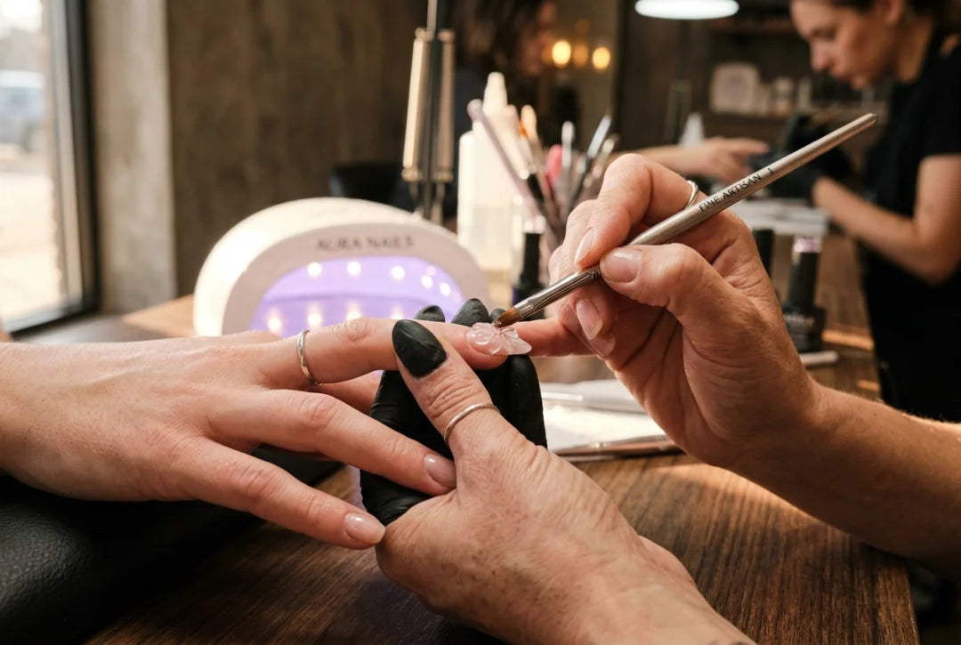 Stylistka modeluje wypukły płatek 3D z gęstego żelu rzeźbiarskiego na paznokciu, w tle lampa UV/LED