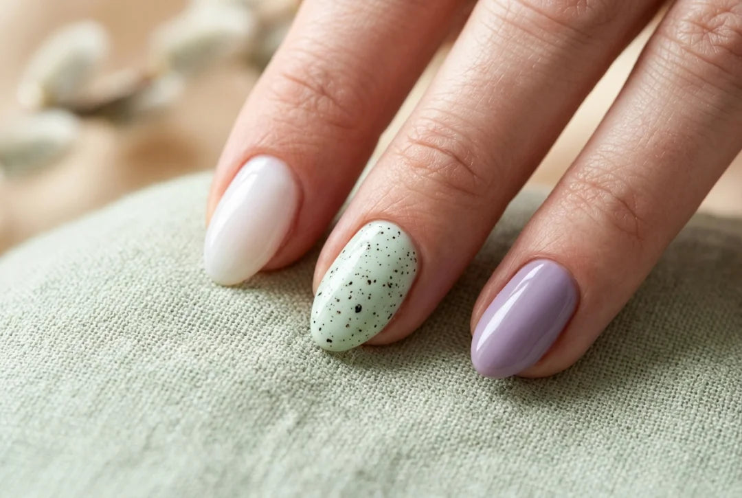 Paznokcie wielkanocne: pastelowy manicure z efektem jajka przepiórczego i minimalistycznym kwiatkiem