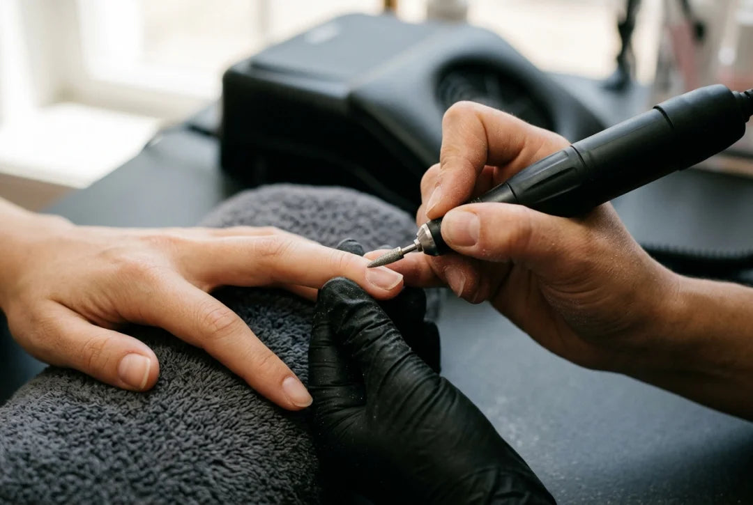 Stylistka opracowuje skórki frezem płomyk podczas manicure rosyjskiego — praca na sucho