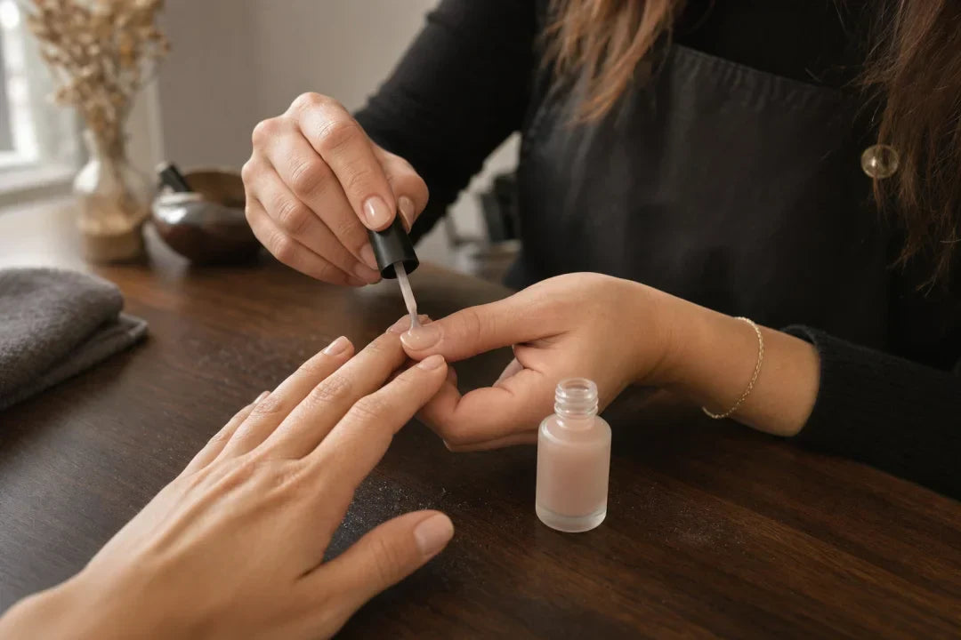 Stylistka nakłada cienką warstwę lakieru hybrydowego 3w1 z jednej buteleczki na krótkie, naturalne paznokcie klientki