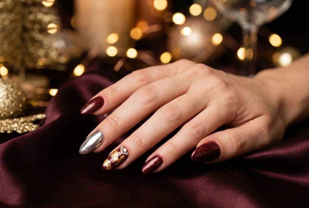 Sylwestrowe paznokcie: dłoń z bordowym manicure, akcentem chromu i złotą folią oraz drobnymi cyrkoniami