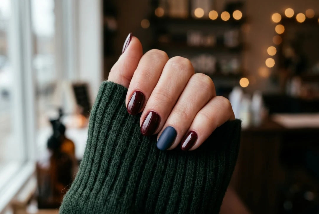 Paznokcie zimowe 2026 w kolorze głębokiego bordo z efektem glass nails na dłoni opartej o wełniany sweter